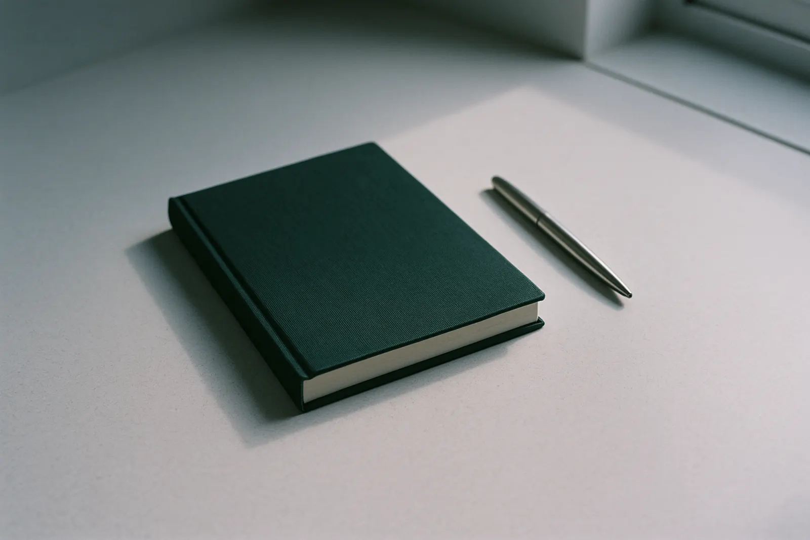 Um caderno verde-escuro fechado e uma caneta de aço sobre uma mesa clara, perto da janela