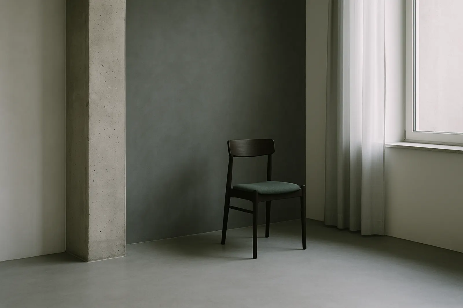Uma cadeira escura sozinha num canto de sala vazia, com luz fria entrando por uma janela com cortina