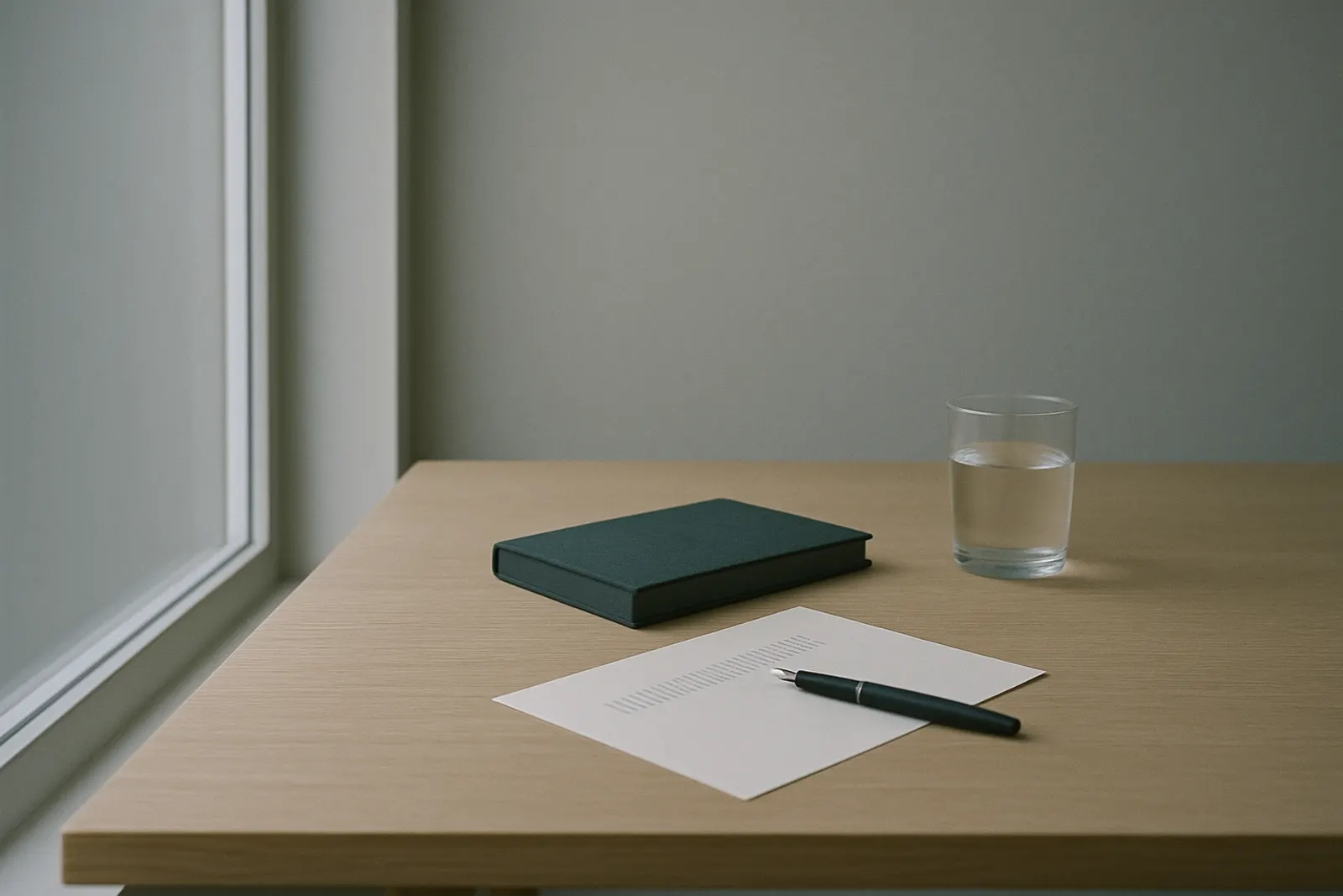 Uma folha com uma coluna de números, uma caneta e um caderno verde sobre uma mesa de madeira clara, junto a uma janela